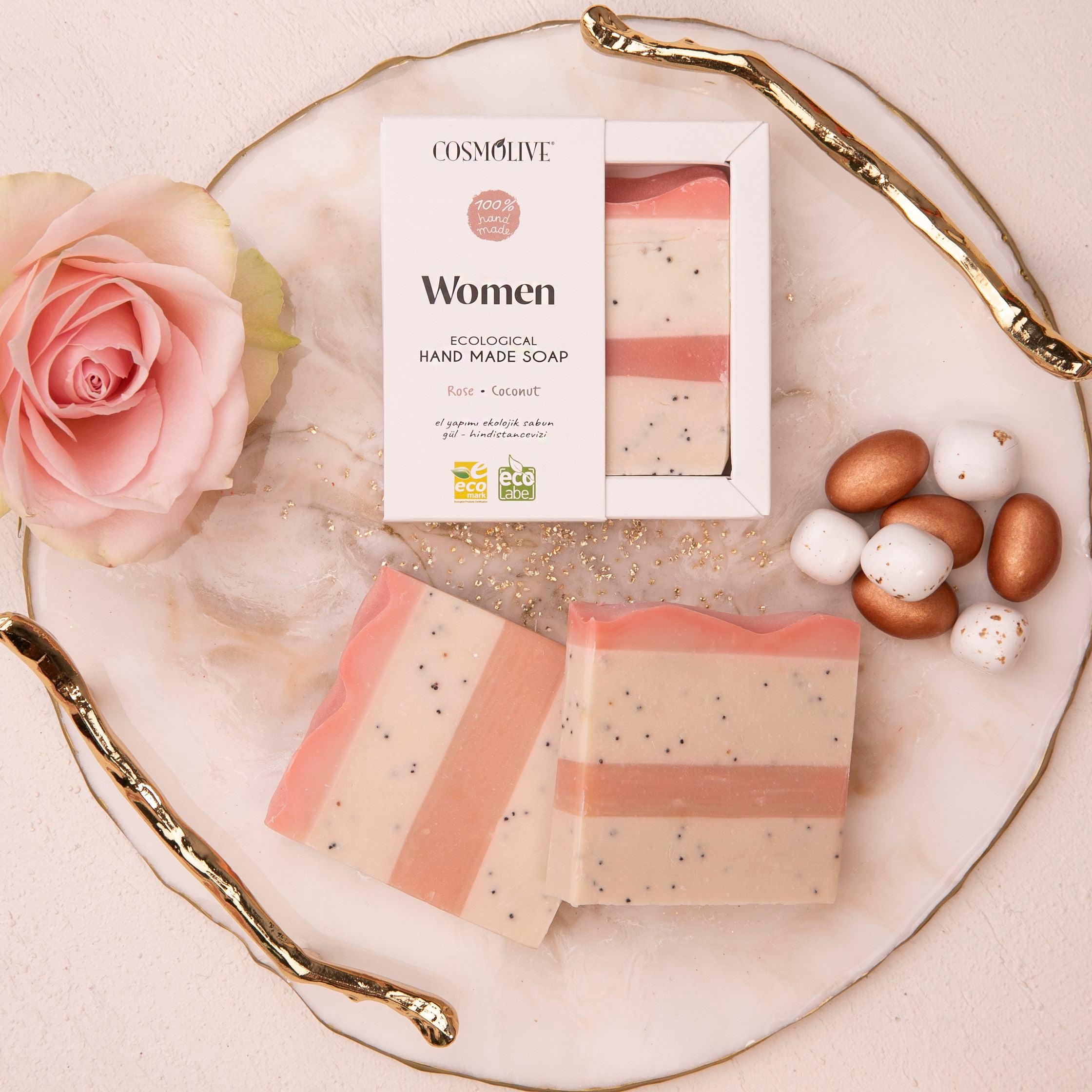 Cosmolive prírodné ručne vyrobené mydlo pre ženy s ružou a kokosom 100g