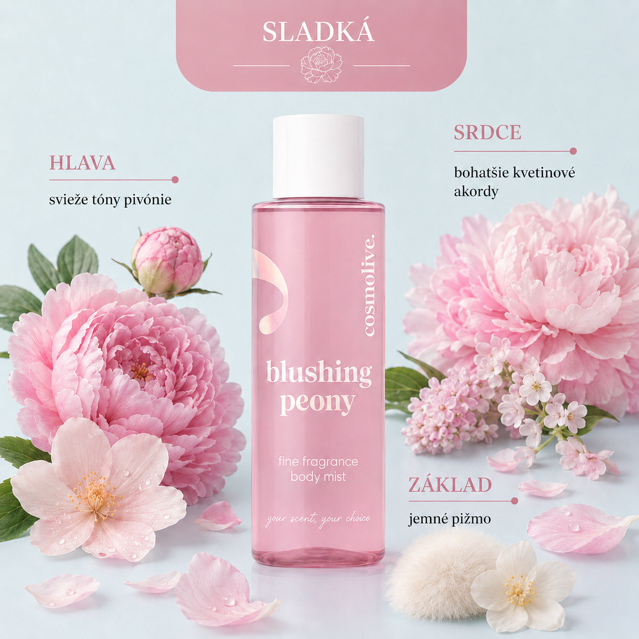Cosmolive Blushing Peony dámsky telový sprej 250ml s jemnou vôňou pivónie