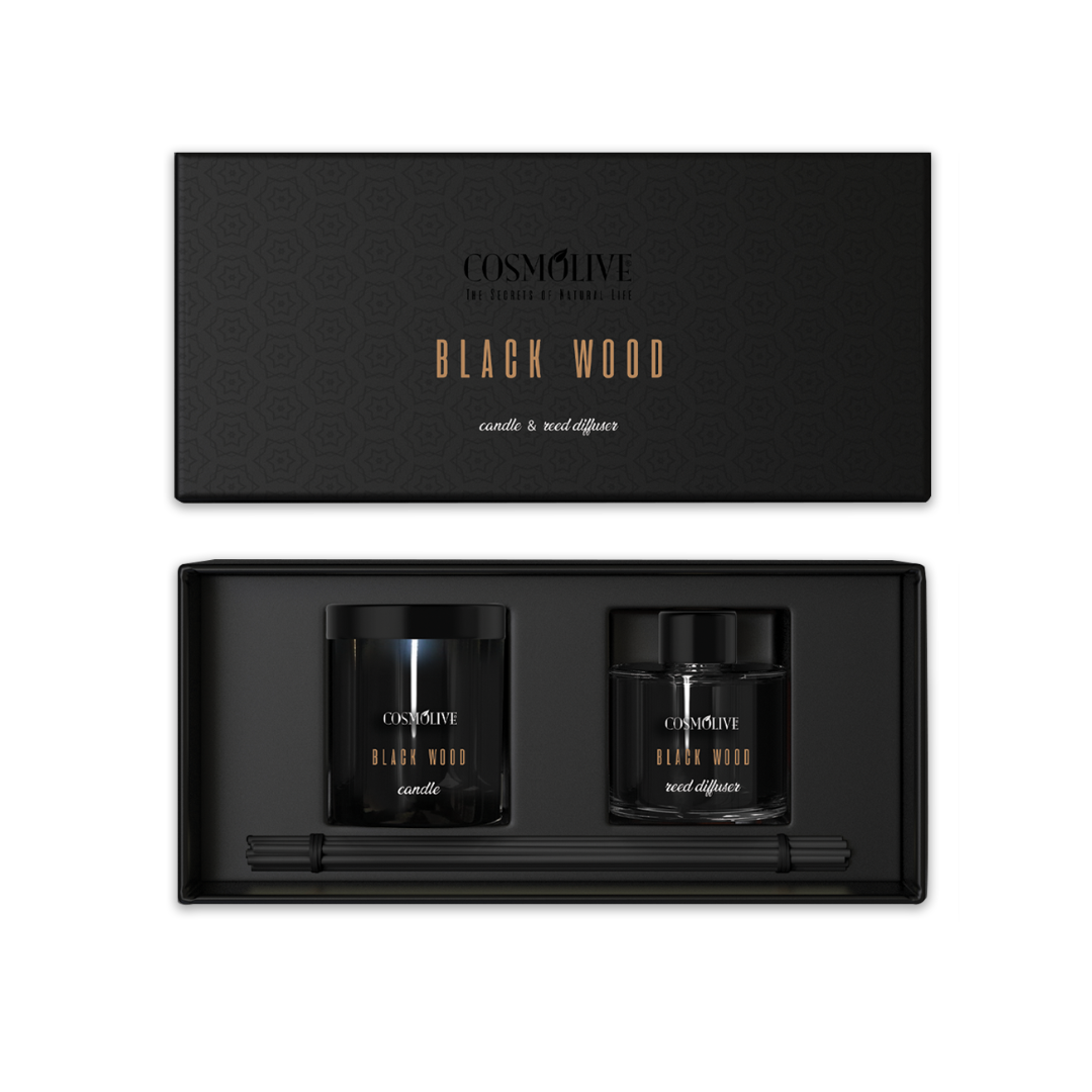 Vonný set Cosmolive Black Wood – difuzér 100ml a sójová sviečka 210g